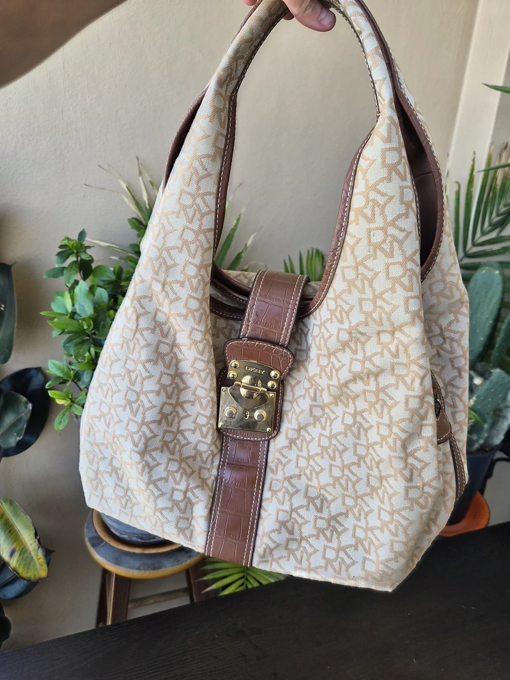 Vintage DKNY Logo Canvas Leather Trim Hobo Bag Gold Lock Beige Brown